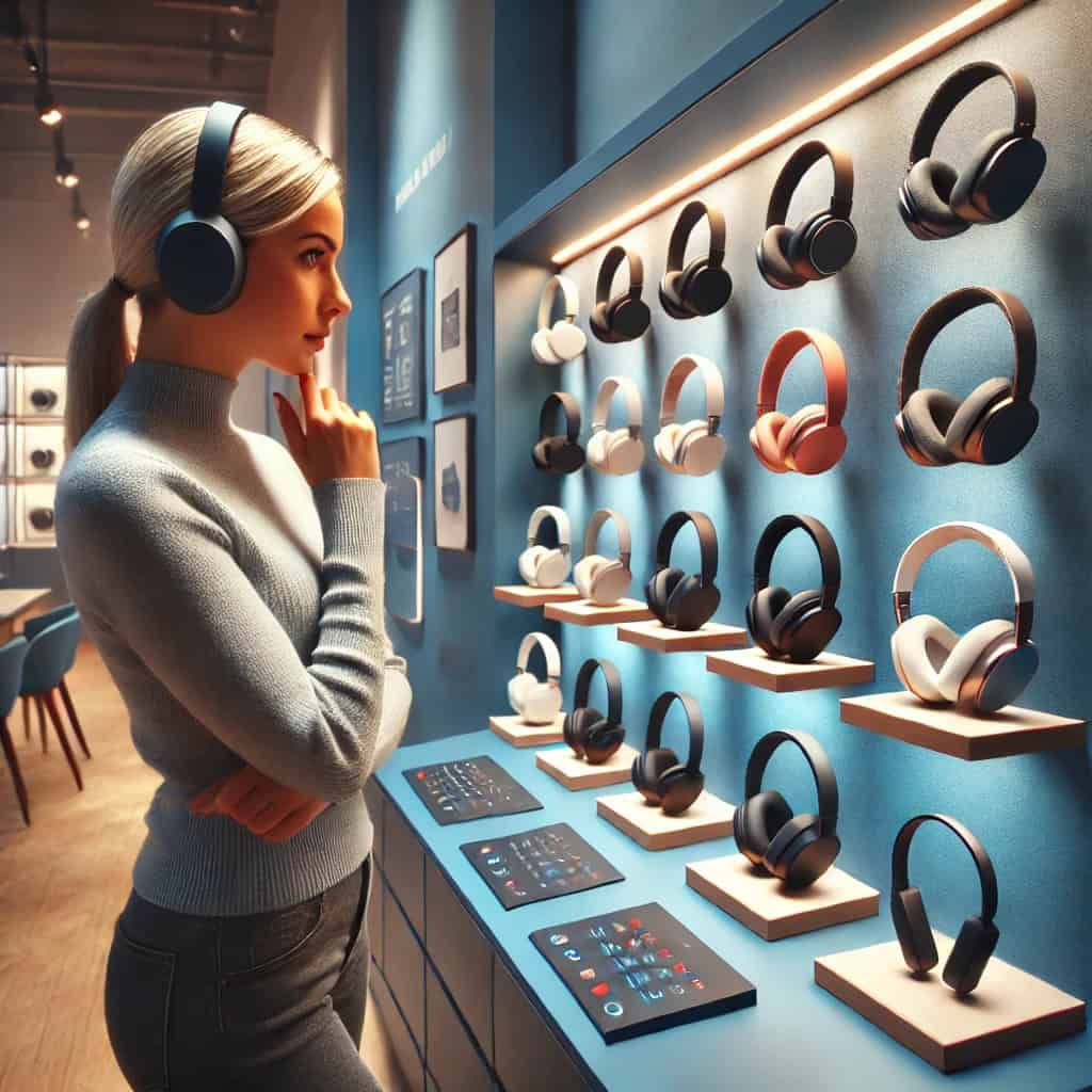 słuchawki bezprzewodowe radiowe czy bluetooth - kobieta stoi w sklepie przed wystawą pełną różnorodnych modeli i próbuje dokonać wyboru
