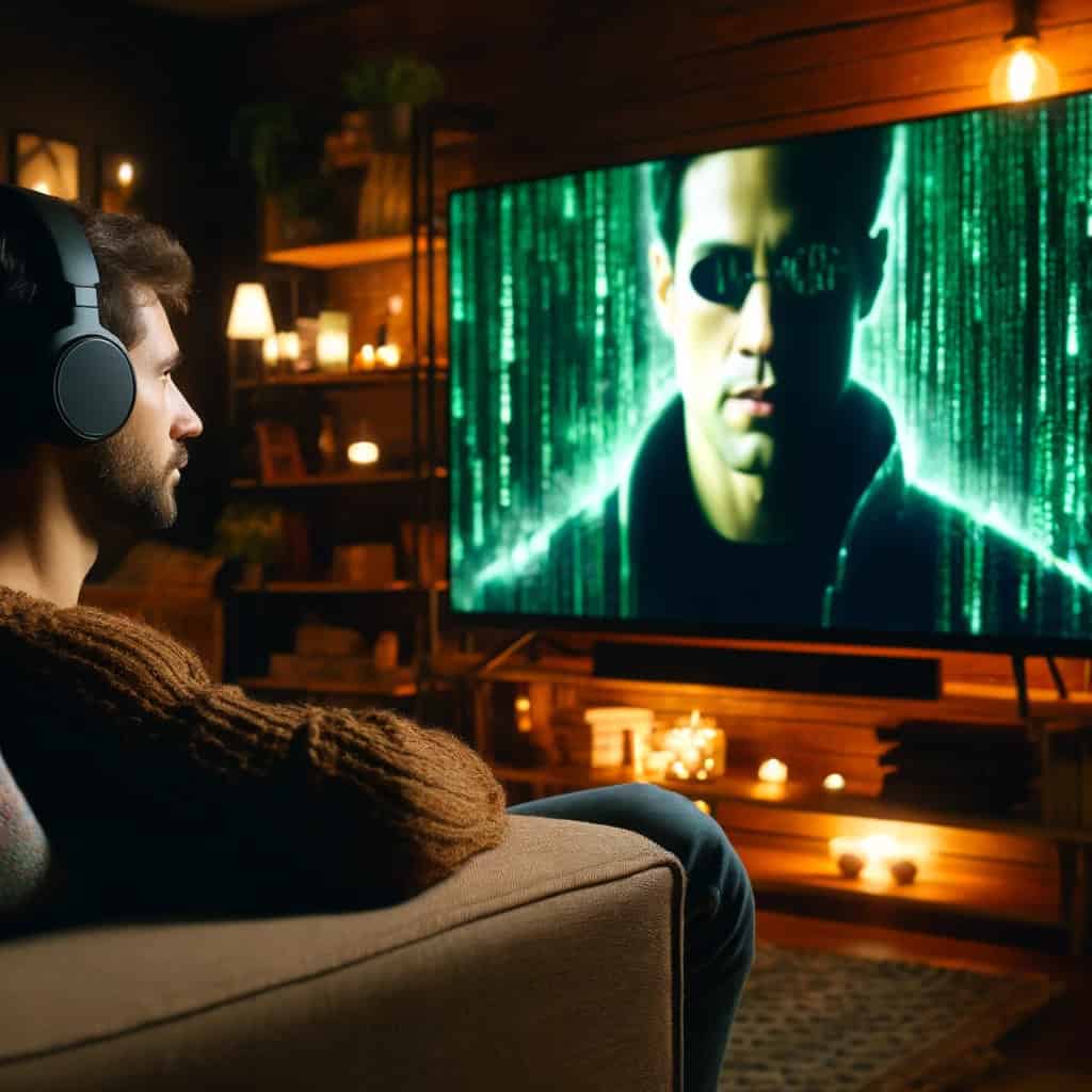 słuchawki bezprzewodowe radiowe do telewizora na uszach mężczyzny, który siedzi w fotelu oglądając film