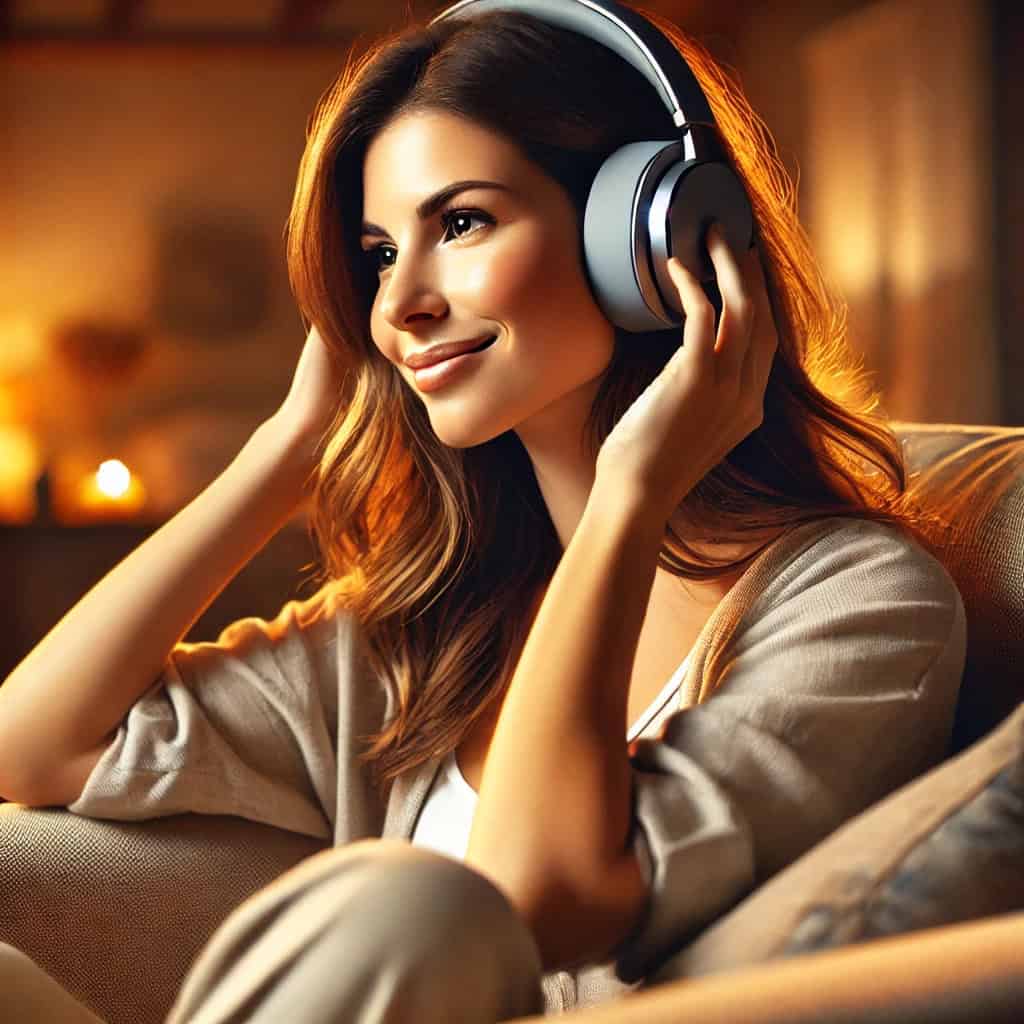 słuchawki bezprzewodowe radiowe na głowie kobiety, która siedzi na fotelu i słucha muzyki