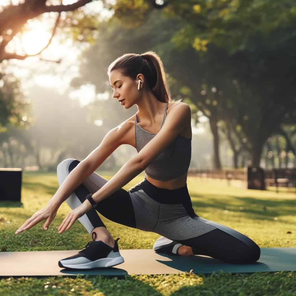 słuchawki bezprzewodowe sportowe w uszach kobiety rozciągającej się na macie