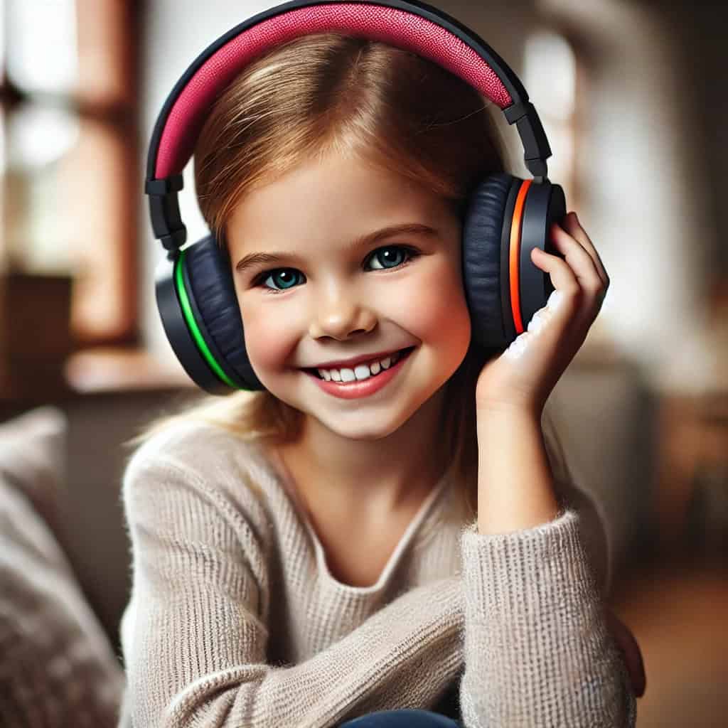 słuchawki bluetooth nauszne dla dzieci - przykładowy model na głowie uśmiechniętej dziewczynki