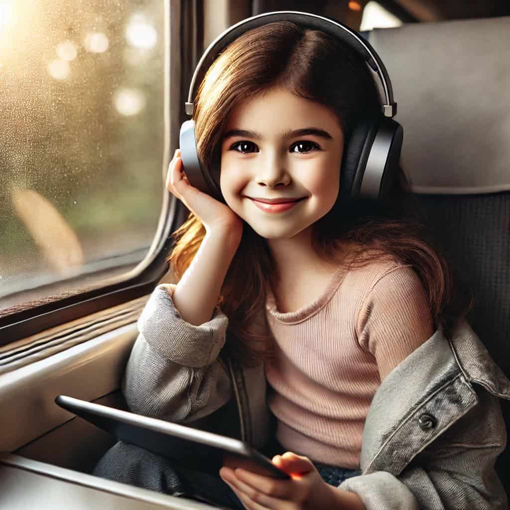słuchawki bluetooth dla dzieci na uszach dziewczynki jadącej autobusem