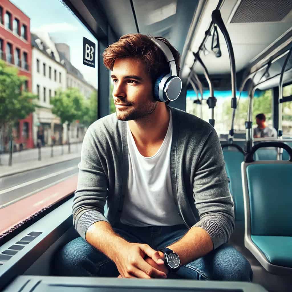 słuchawki bluetooth do muzyki na głowie mężczyzny jadącego autobusem