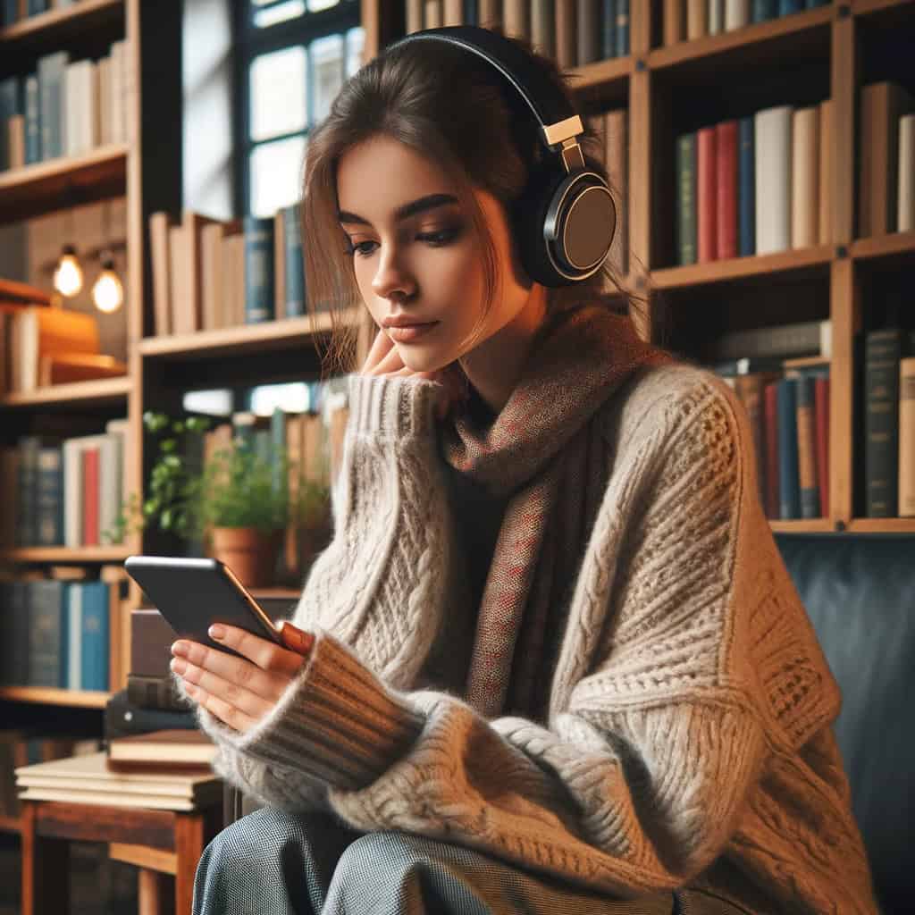 słuchawki bluetooth do smartfona w uszach kobiety w słuchawkach nausznych, która siedzi z telefonem w ręku obok półki z książkami