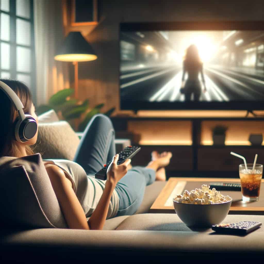 słuchawki bluetooth do telewizora na głowie kobiety oglądającej tv z pilotem w ręku