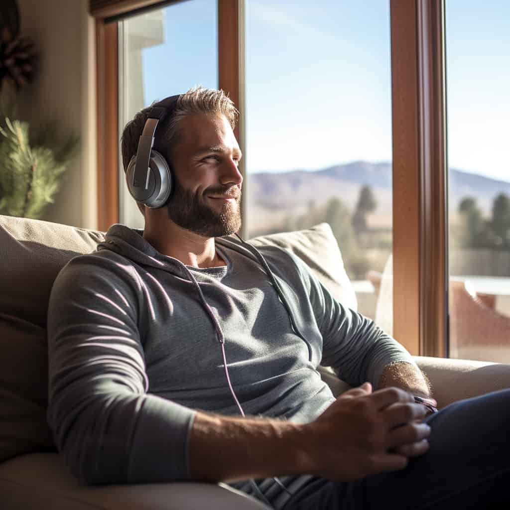 sluchawki bt ranking - mężczyzna siedzący z uśmiechem w fotelu z wybranym modelem na głowie