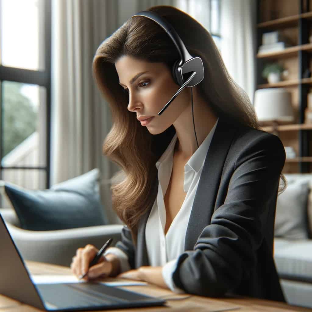 słuchawki bt z mikrofonem - kobieta pracująca na komputerze