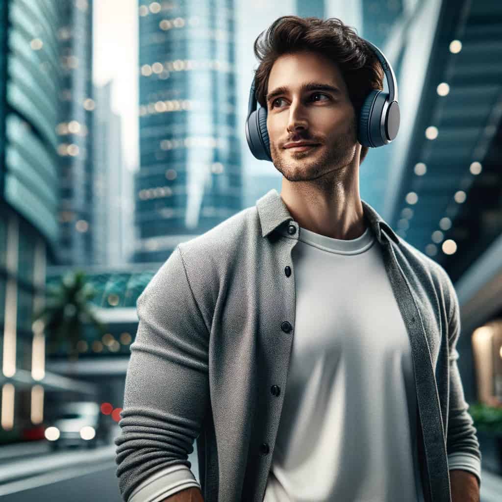 słuchawki bt - mężczyzna na tle bloku w przykładowym modelu