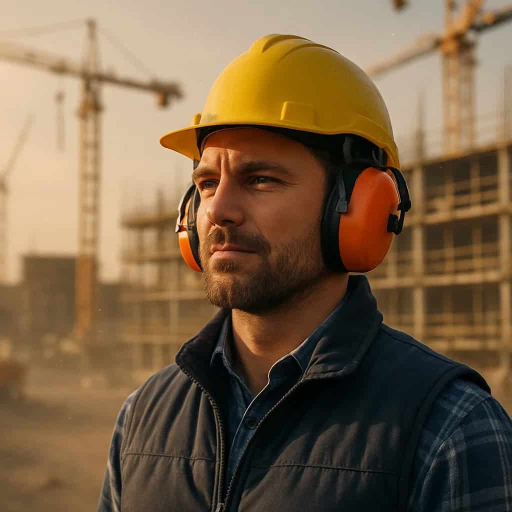 słuchawki budowlane na głowie mężczyzny stojącego na placu, gdzie trwają prace kontrukcyjne