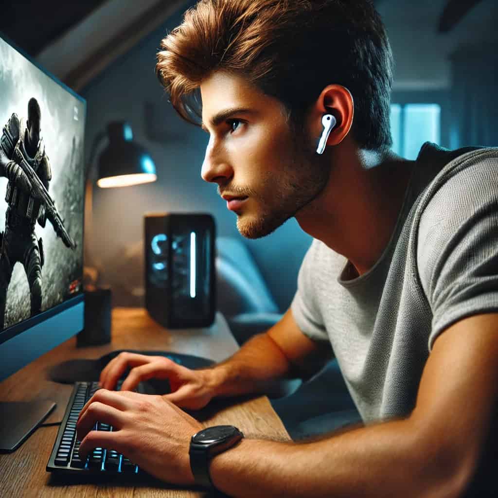 słuchawki gamingowe dokanałowe w uszach mężczyzny grającego na PC