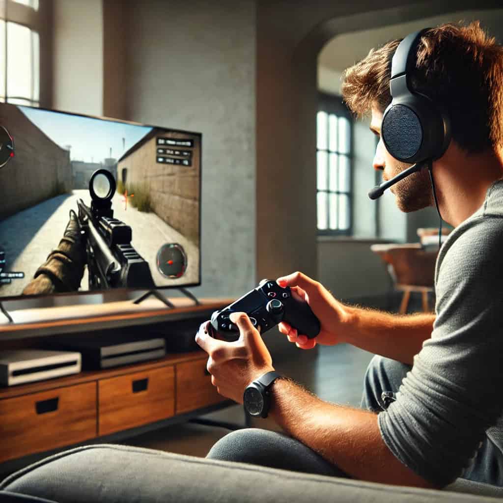 słuchawki do call of duty na głowie gracza z padem w ręku grającego na konsoli