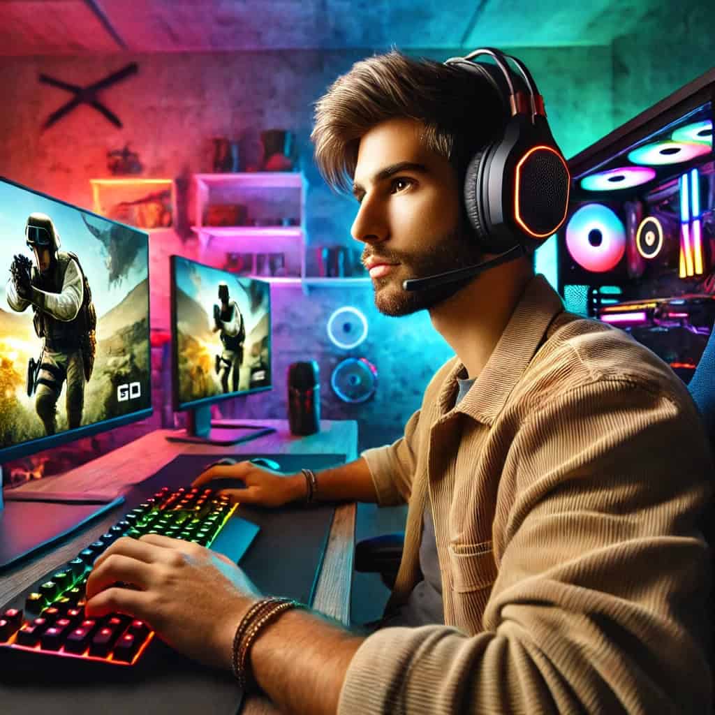 słuchawki do cs na głowie mężczyzny przed komputerem