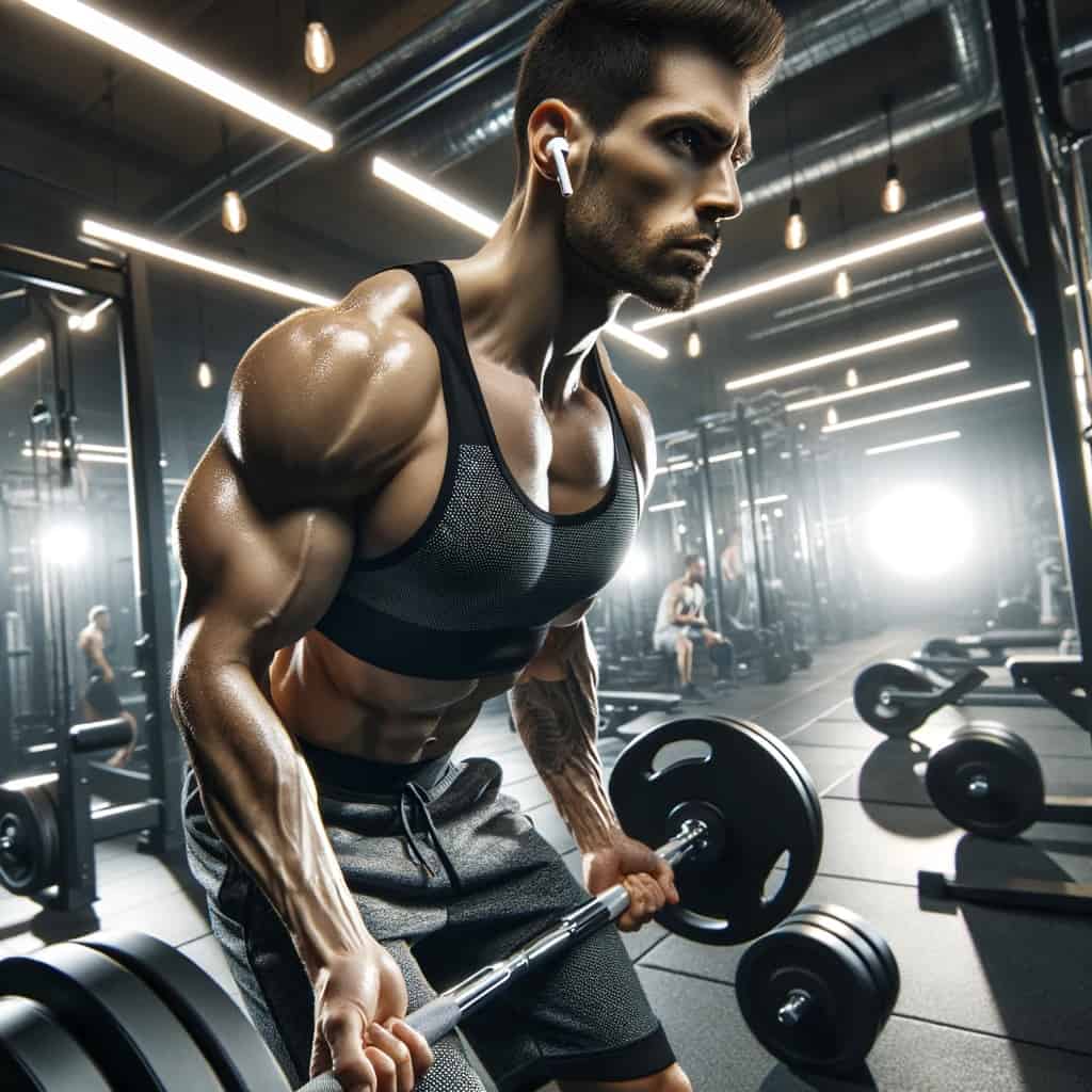 słuchawki do ćwiczeń mężczyzna w przykładowym modelu podnosi ciężary
