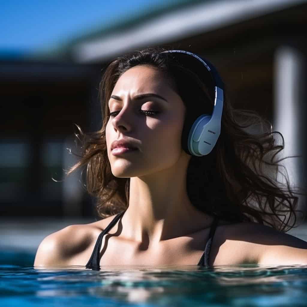 słuchawki do basenu - na uszach kobiety stojącej w basenie