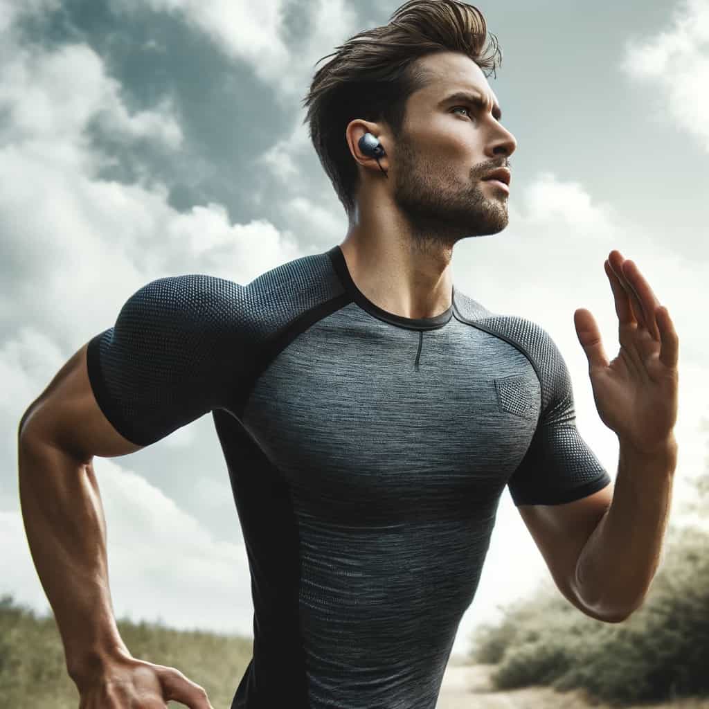 słuchawki do biegania bezprzewodowe ranking - przykładowym model w uszach biegającego mężczyzny
