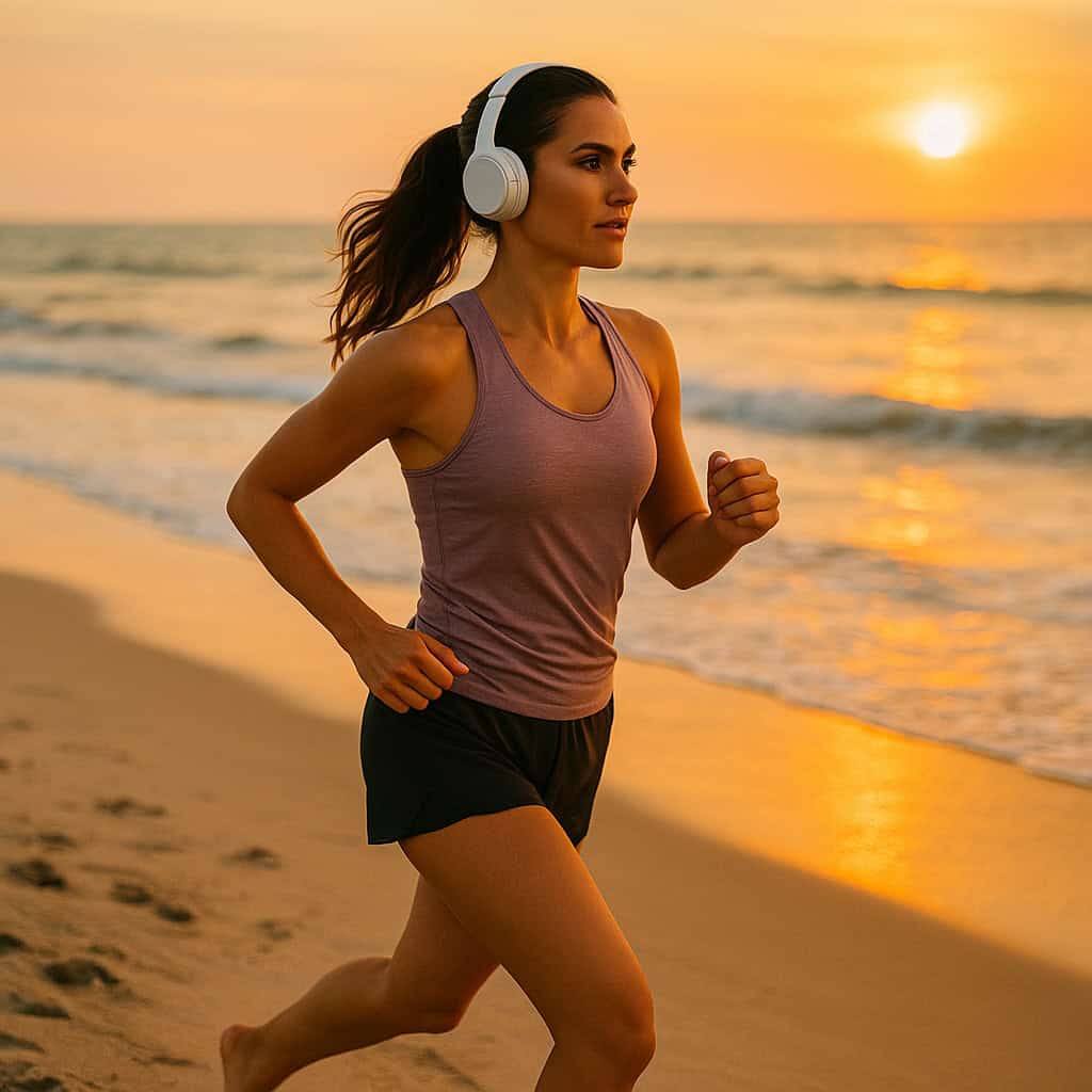 słuchawki do biegania nauszne bezprzewodowe na głowie kobiety biegające po plaży o wschodzie słońca