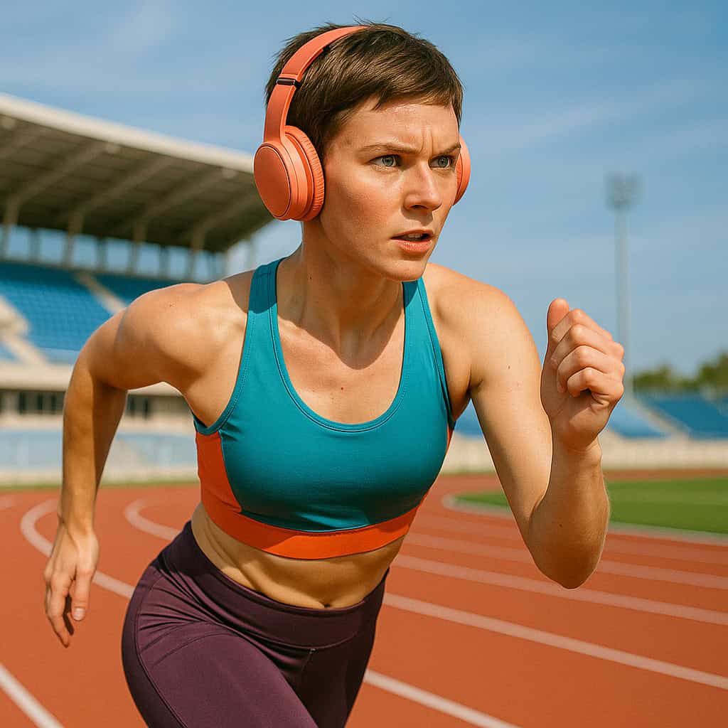 słuchawki do biegania nauszne na głowie kobiety biegającej na stadionie lekkoatletycznym