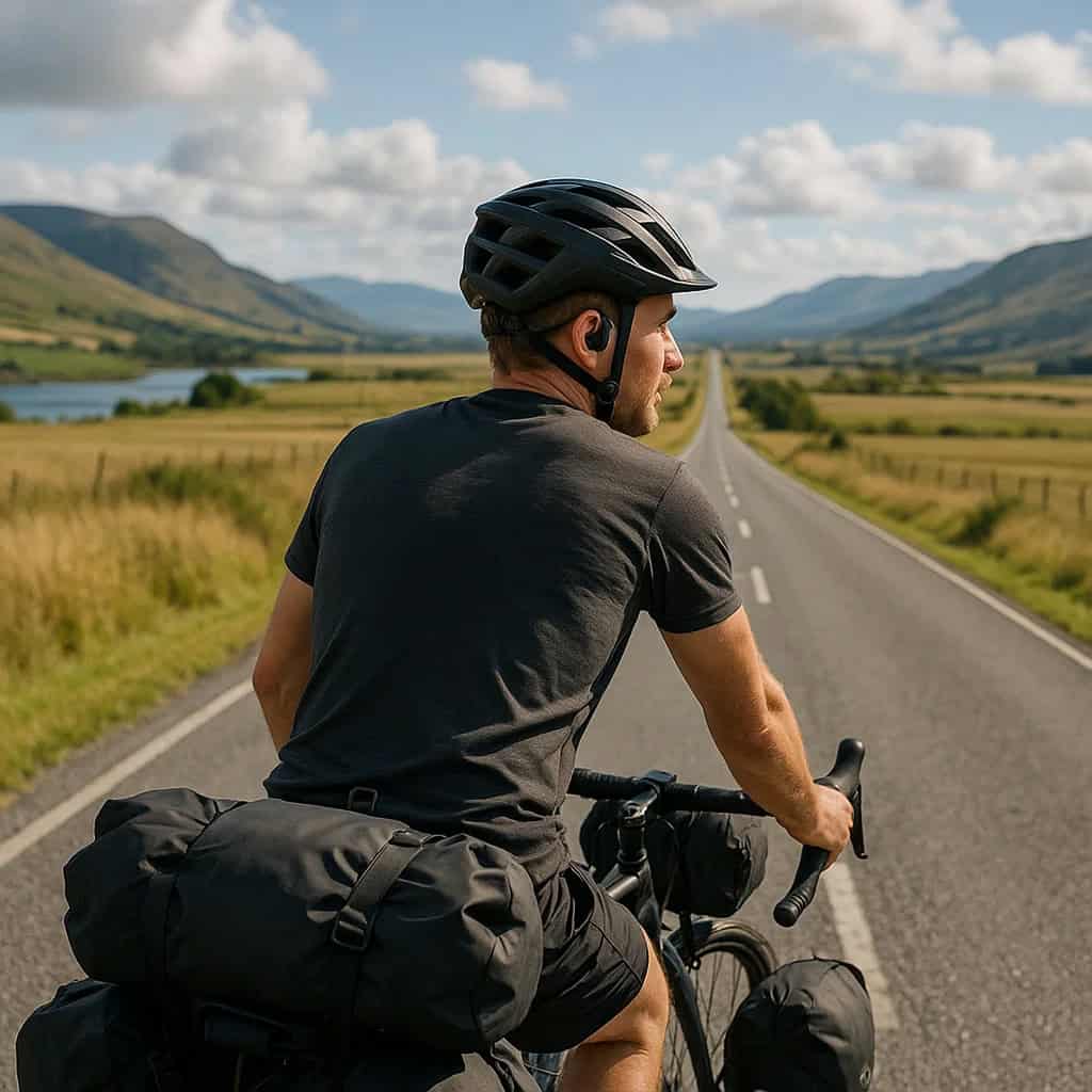 słuchawki do długich tras i wypraw na uszach mężczyzny, przed który widać długą drogę