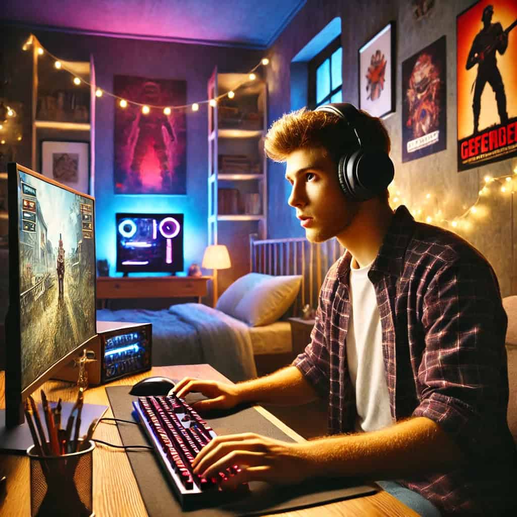 słuchawki do fortnite ranking - przykładowy model na głowie mężczyzny grającego na komputerze