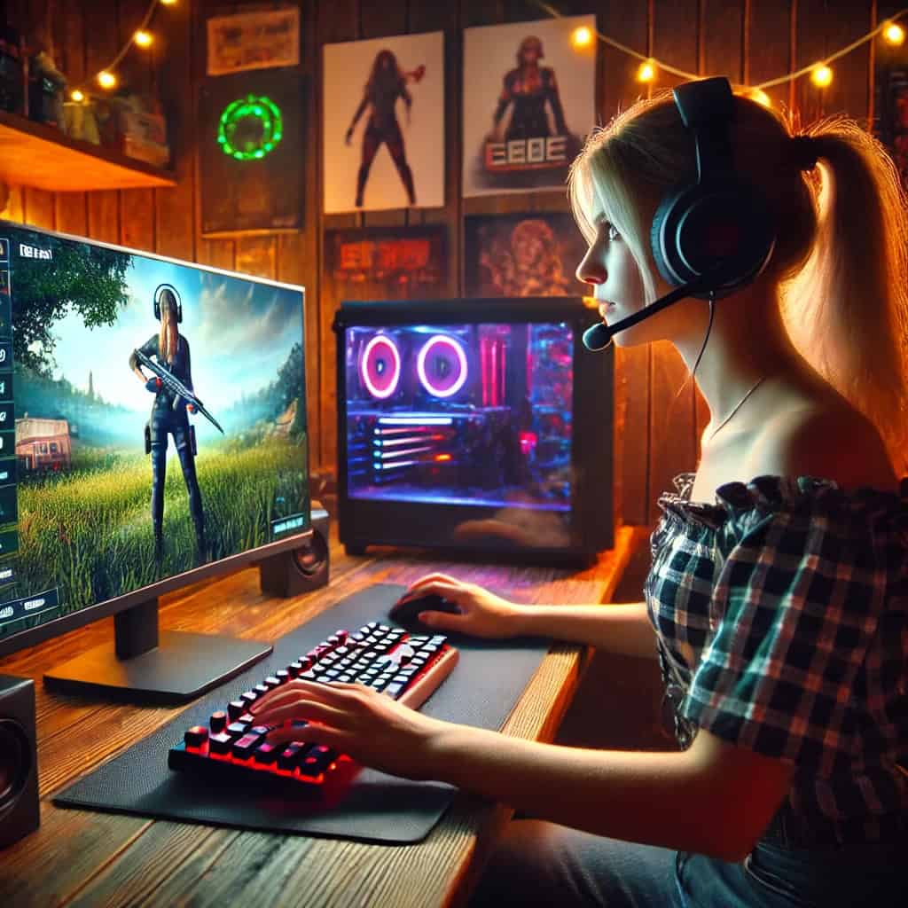 słuchawki do fortnite na głowie kobiety grającej w grę na komputerze