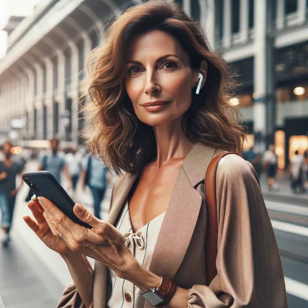słuchawki do komórki w uszach kobiety, która stoi z telefonem na chodniku