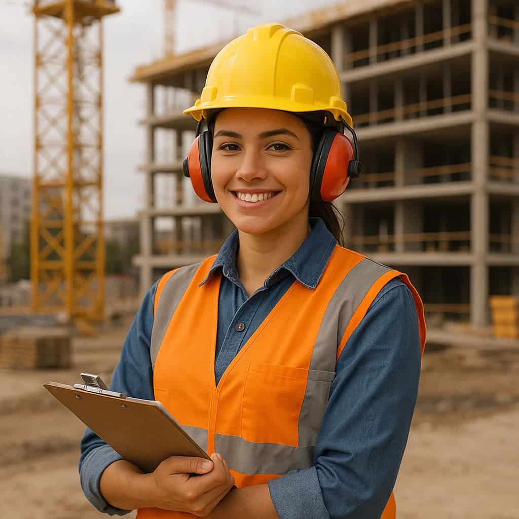 słuchawki do kasku budowlanego ranking na głowie kobiety stojącej na placu konstrukcji z notatnikiem