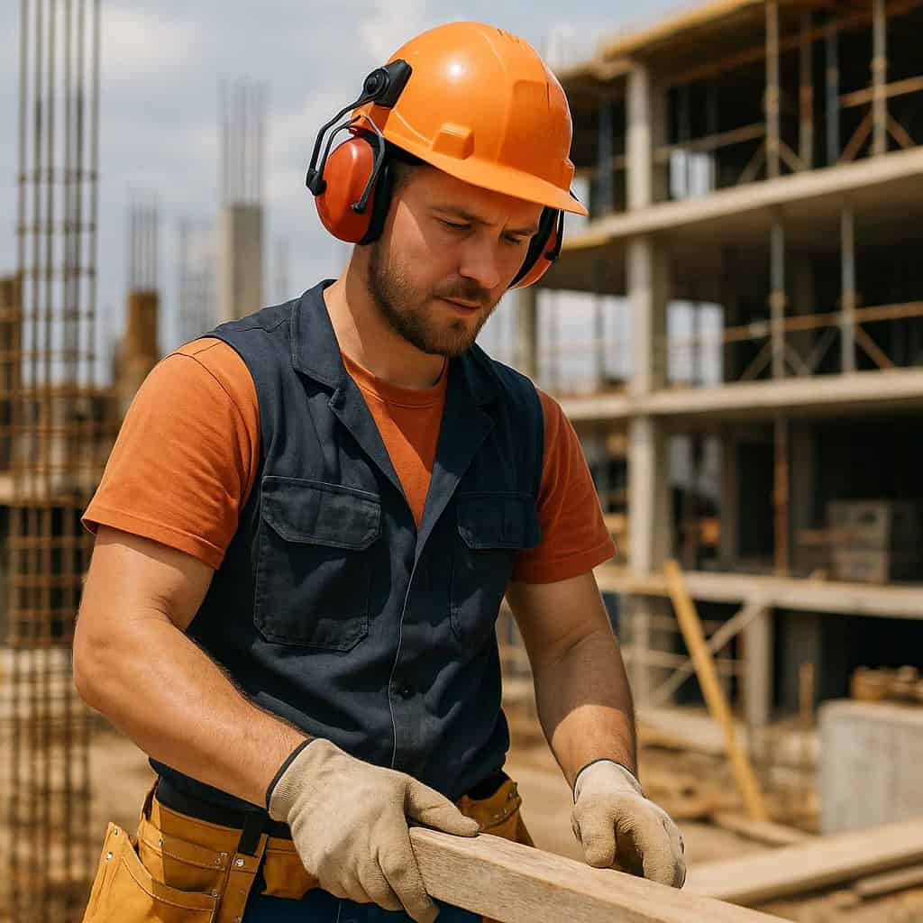 słuchawki do kasku budowlanego na głowie mężczyzny tnącego deski