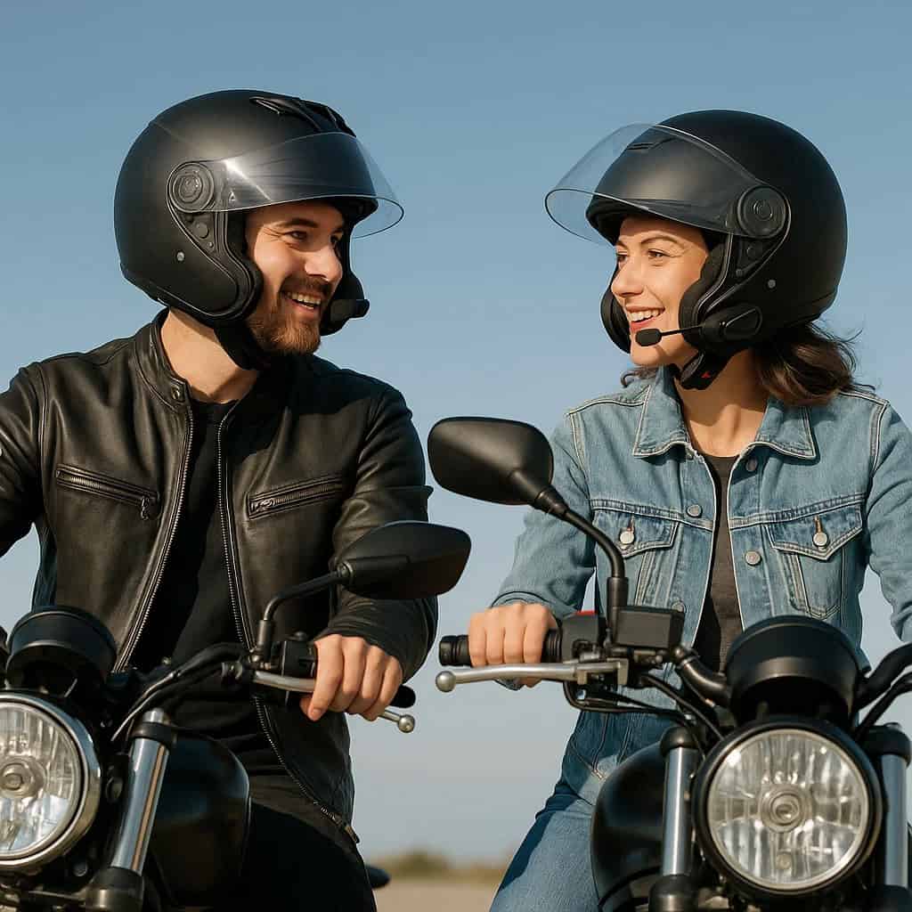 słuchawki do kasku motocyklowego ranking - kobieta i mężczyzna rozmawiający przez interkomy w kaskach podczas postoju.