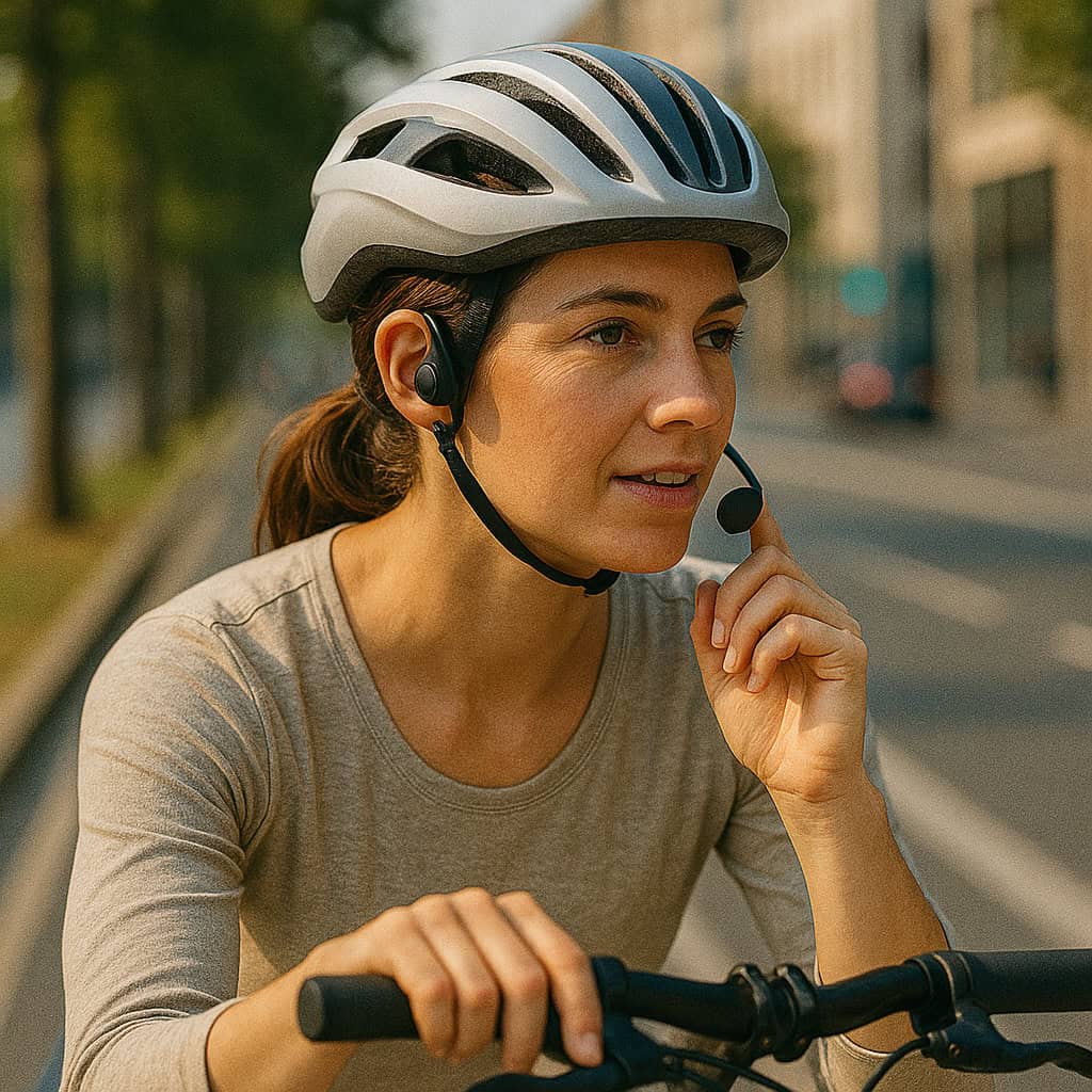 słuchawki do kasku rowerowego z mikrofonem na uszach kobiety jadącej przez miasto