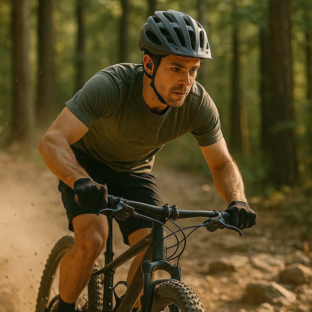 słuchawki do jazdy MTB i górskiej na uszach mężczyzny jadącego przez las