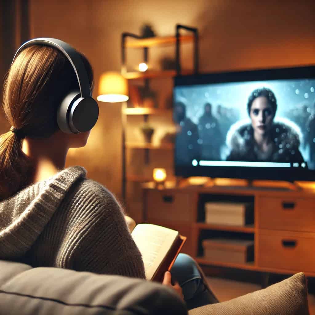 sluchawki do ogladania tv na głowie kobiety, która siedzi przez tv z książką