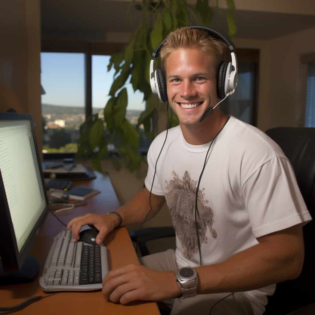 słuchawki do laptopa z mikrofonem na głowie uśmiechniętego mężczyzny przed pc