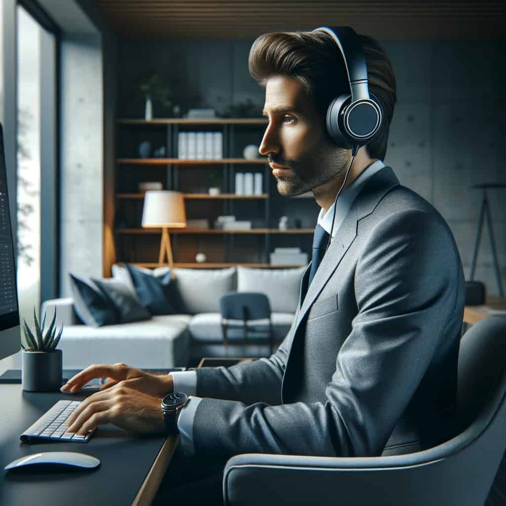 słuchawki do ms teams - mężczyzna biorący udział w telekonferencji