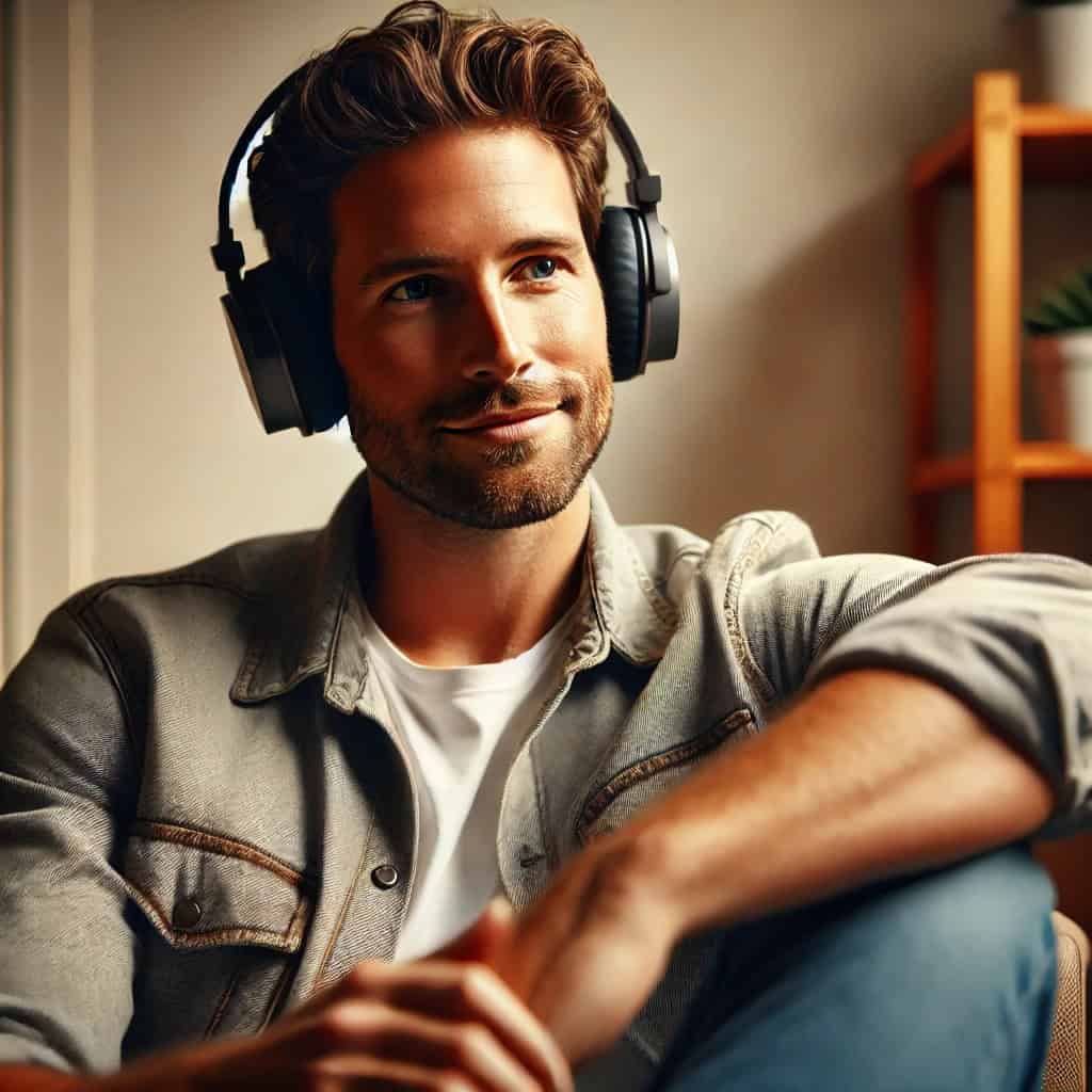 słuchawki do muzyki do 300 zł na uszach mężczyzny siedzącego na sofie