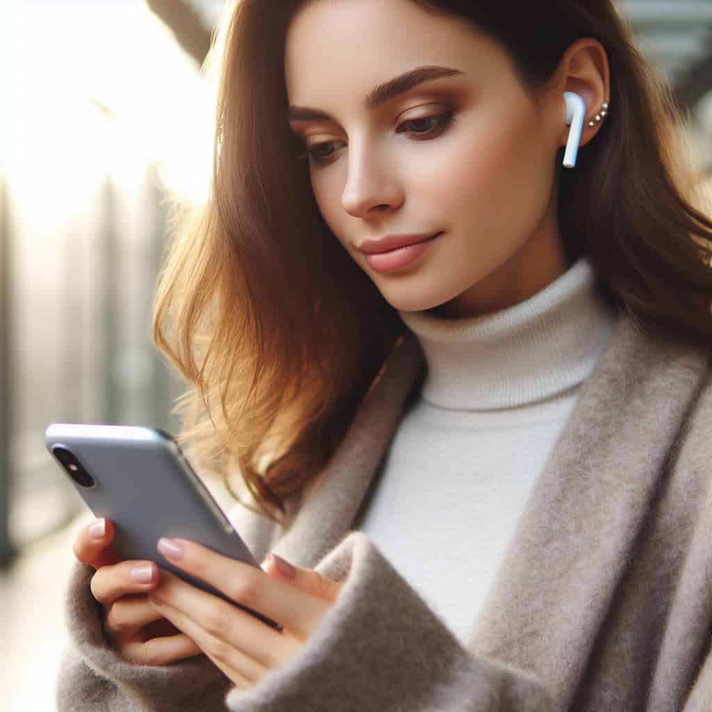 słuchawki do smartfona bezprzewodowe w uszach kobiety korzystającej na ulicy z telefonu