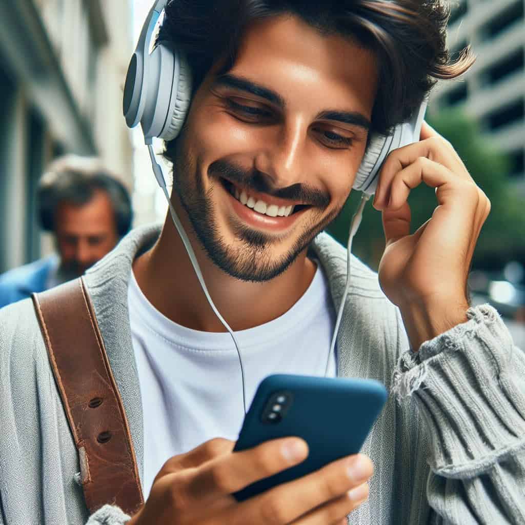 słuchawki do smartfona przewodowe w uszach uśmiechniętego mężczyzny na ulicy z telefonem