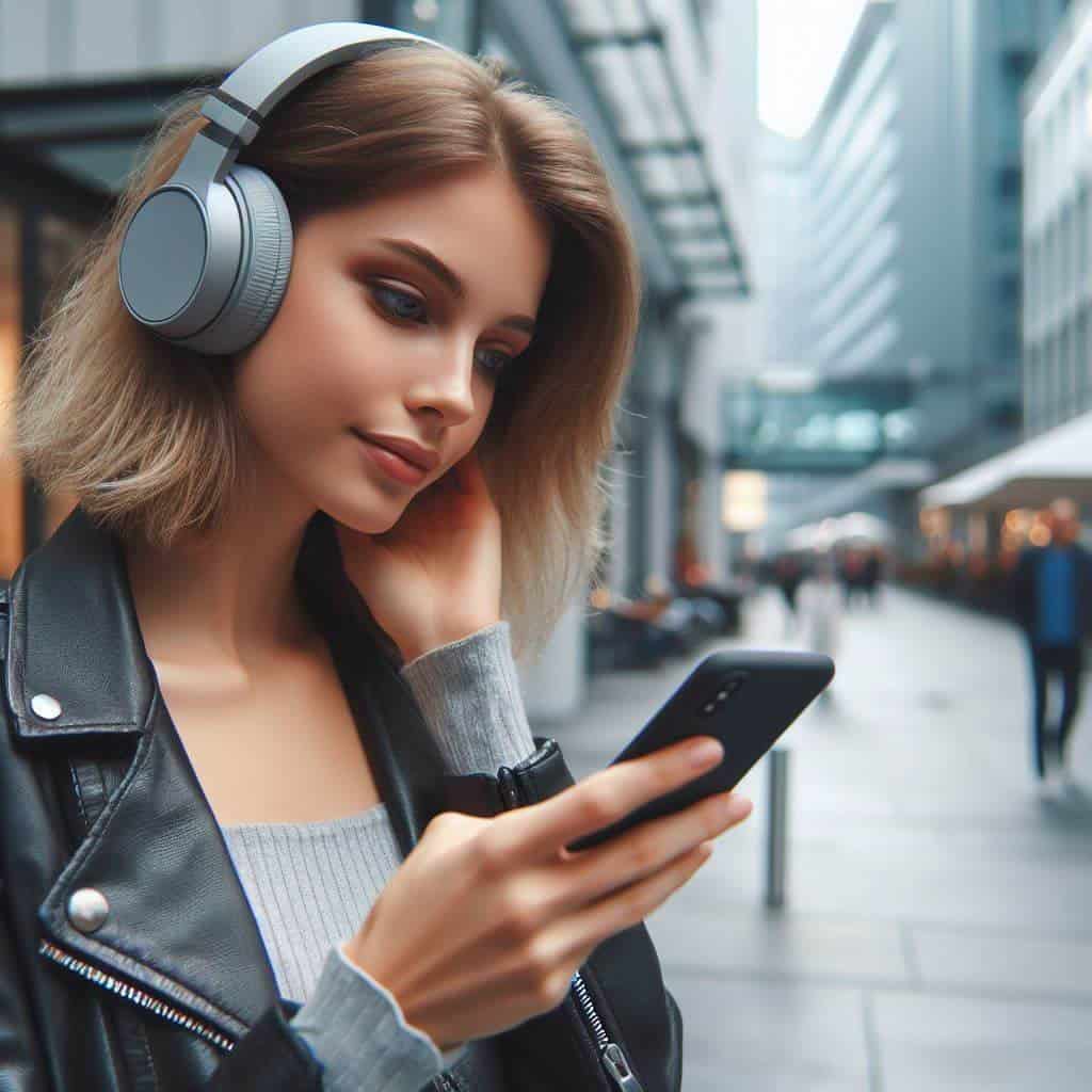 słuchawki do smartfonów - przykładowy model na uszach kobiety stojącej z telefonem na chodniku