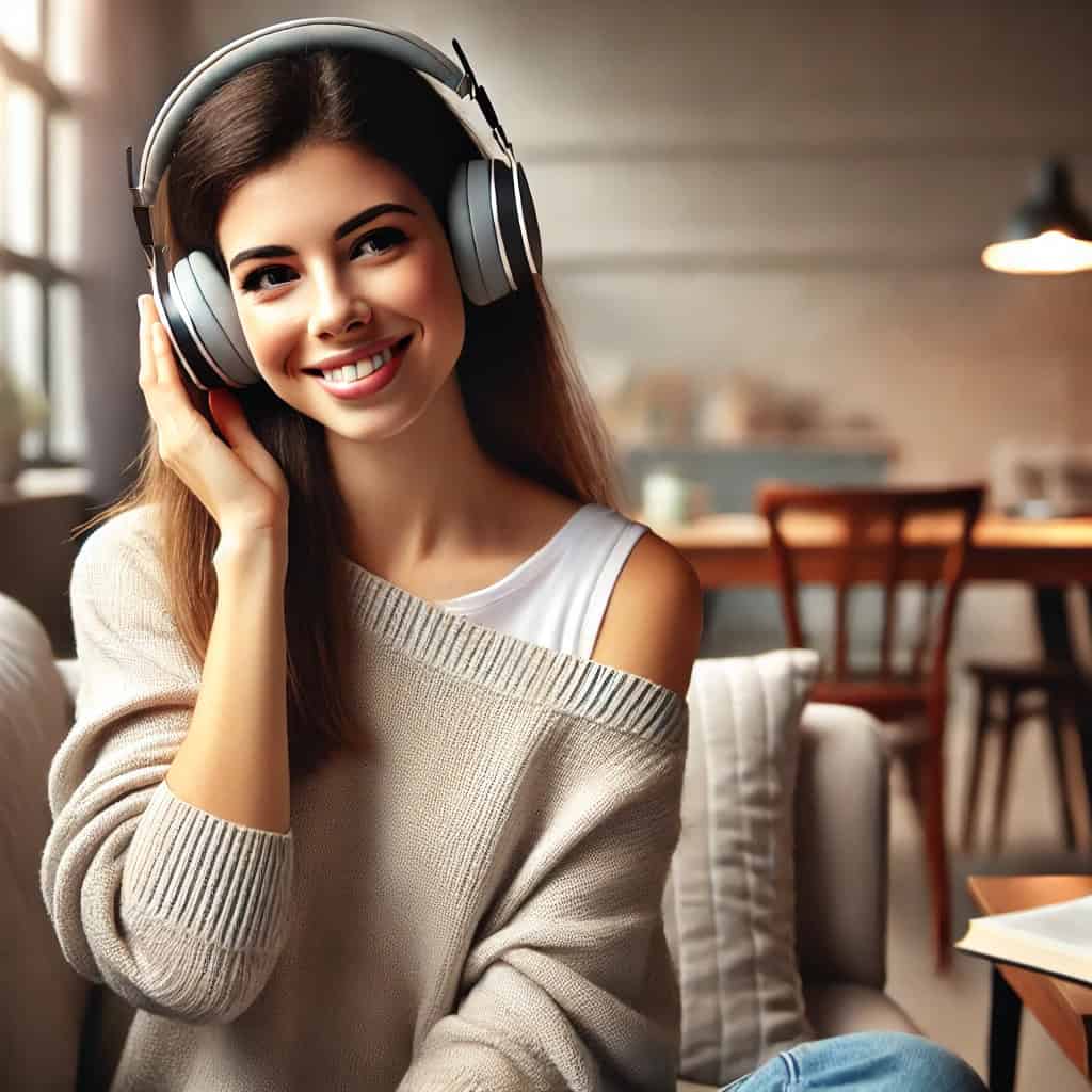 słuchawki do słuchania muzyki bezprzewodowe nauszne na głowie uśmiechniętej kobiety