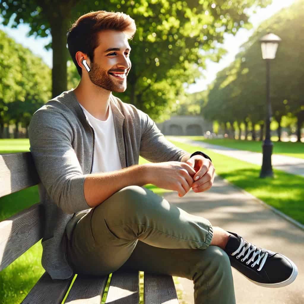 słuchawki do słuchania muzyki bezprzewodowe douszne - model dokanałowy w uszach mężczyzny siedzącego na ławce w parku