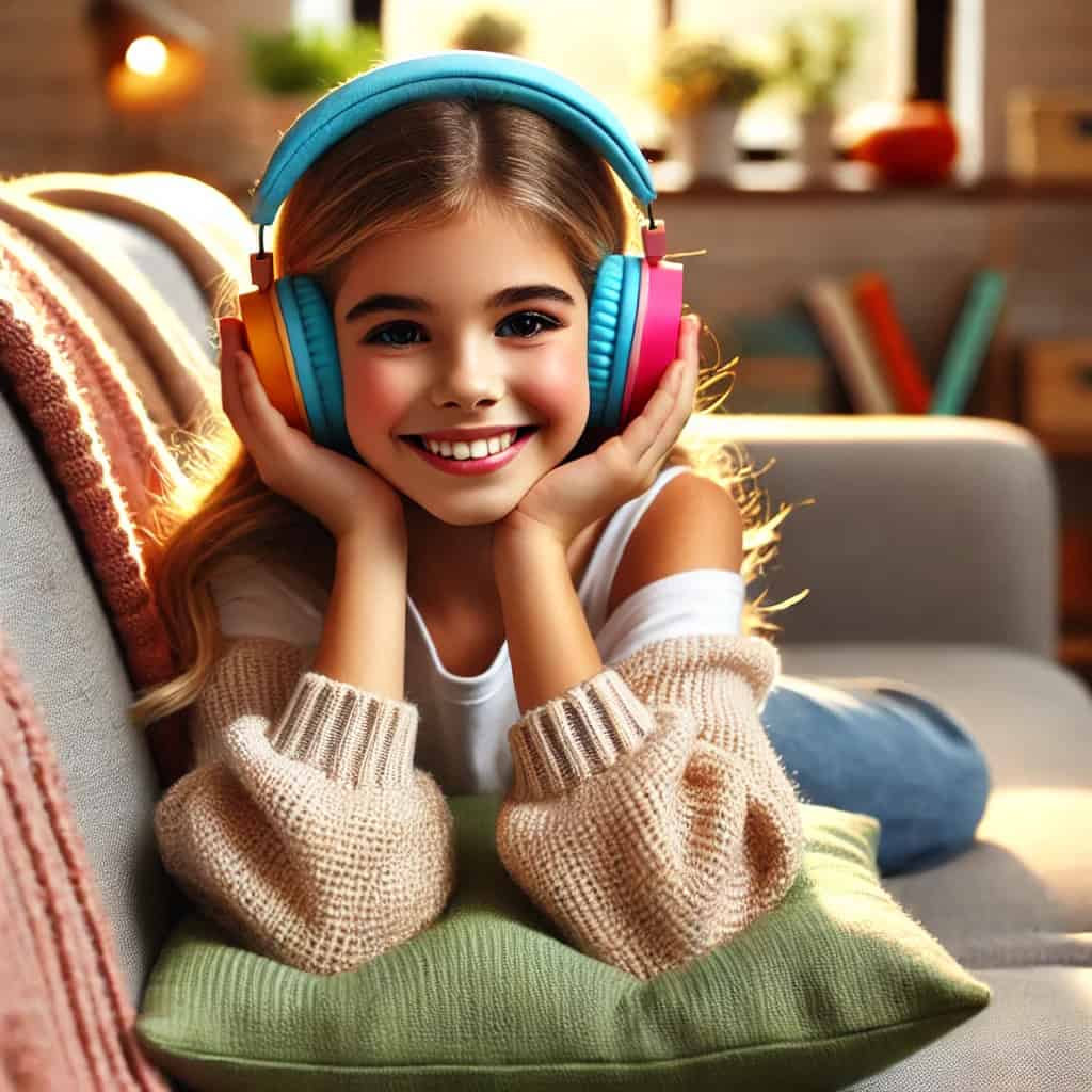 słuchawki do słuchania muzyki dla dzieci na uszach dziewczynki, która leży na sofie