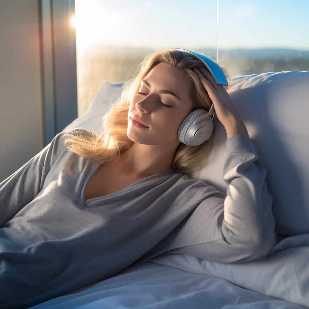 słuchawki do spania nauszne na uszach kobiety śpiącej w łóżku na tle okna, w którym widać słońce