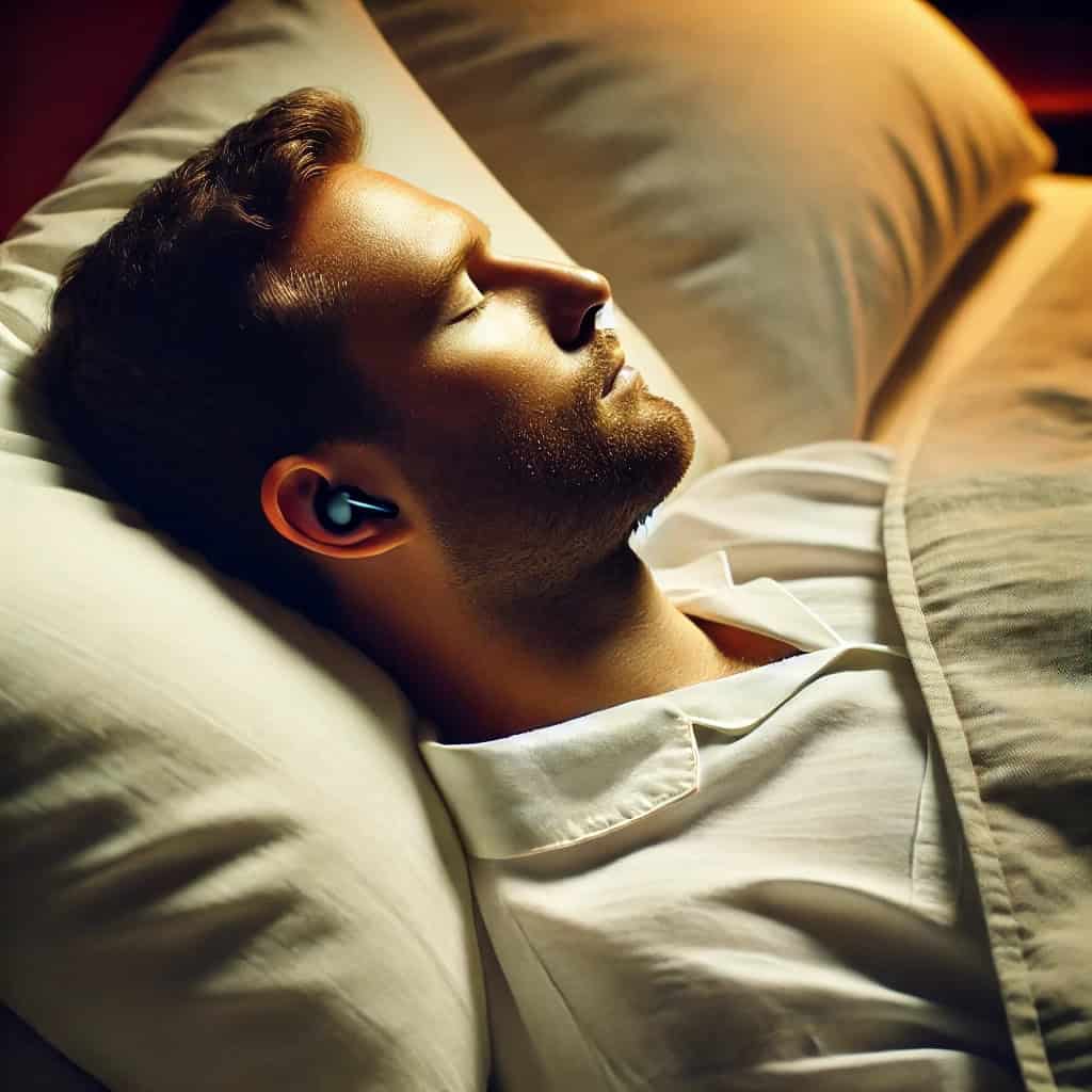 słuchawki do spania douszne w uszach mężczyzny śpiącego w łóżku