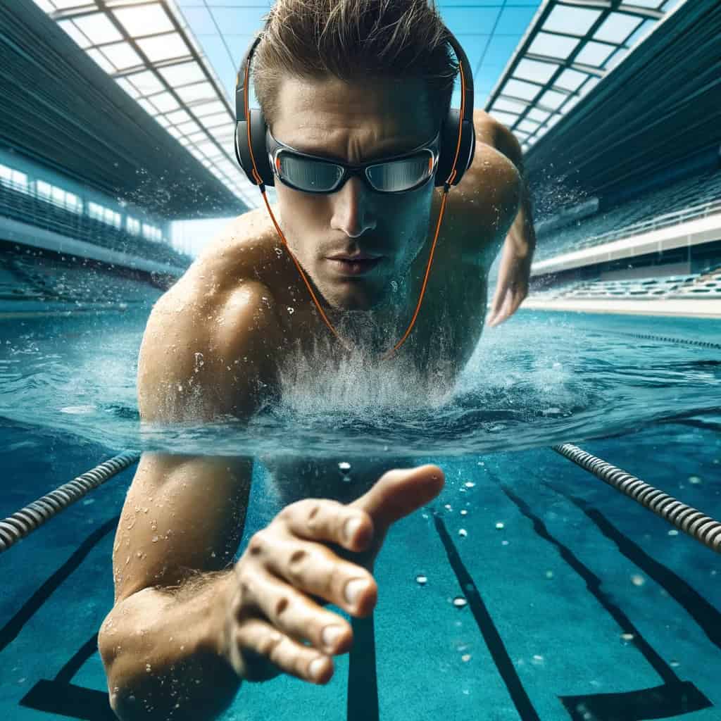 słuchawki do pływania przewodowe - mężczyzna w przykładowym modelu na basenie