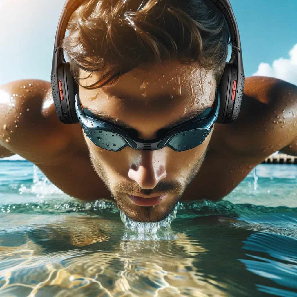 słuchawki do pływania w morzu - mężczyzna w wodzie w przykładowym modelu