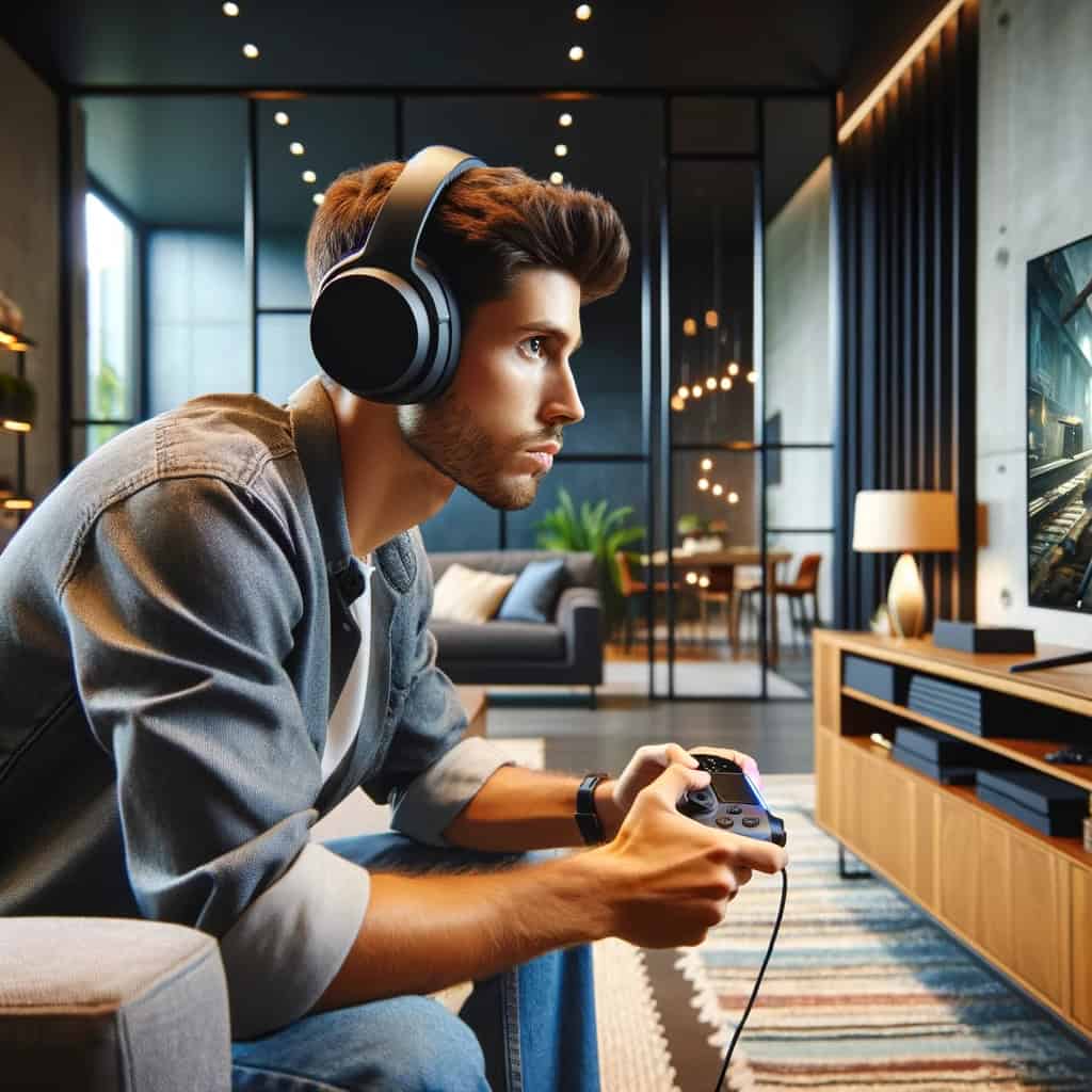 słuchawki do playstation 5 na uszach mężczyzny zajętego grą