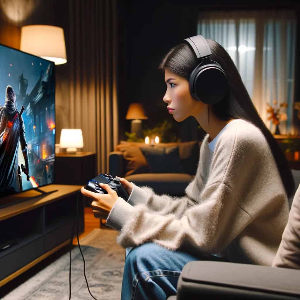 słuchawki do ps5 ranking - kobieta pogrążona w grze w przykładowym modelu nausznym