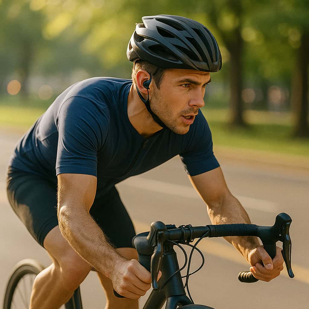 słuchawki do rowerowego kasku na uszach kolarza jadącego szosą