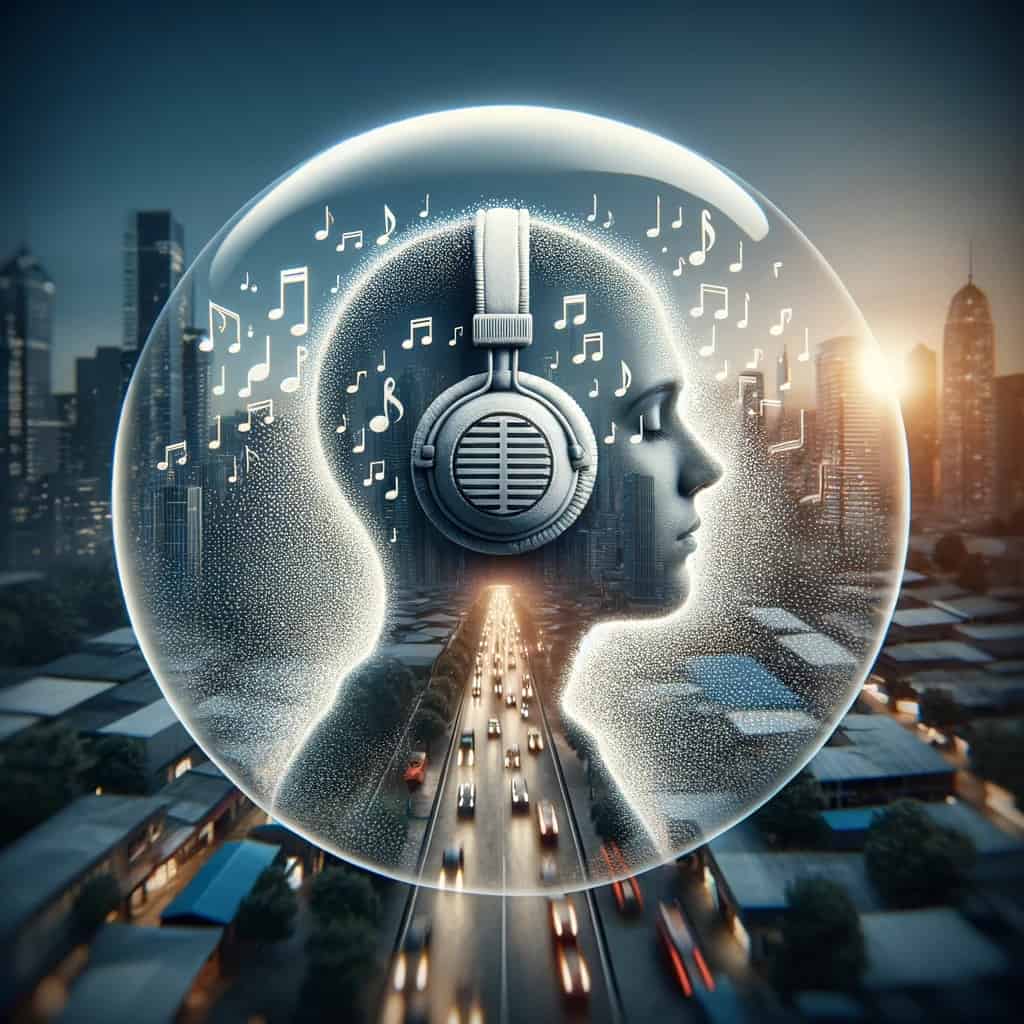 słuchawki do rocka i metalu - izolacja dźwięku na przykładzie osoby w słuchawce na głowie w bańce