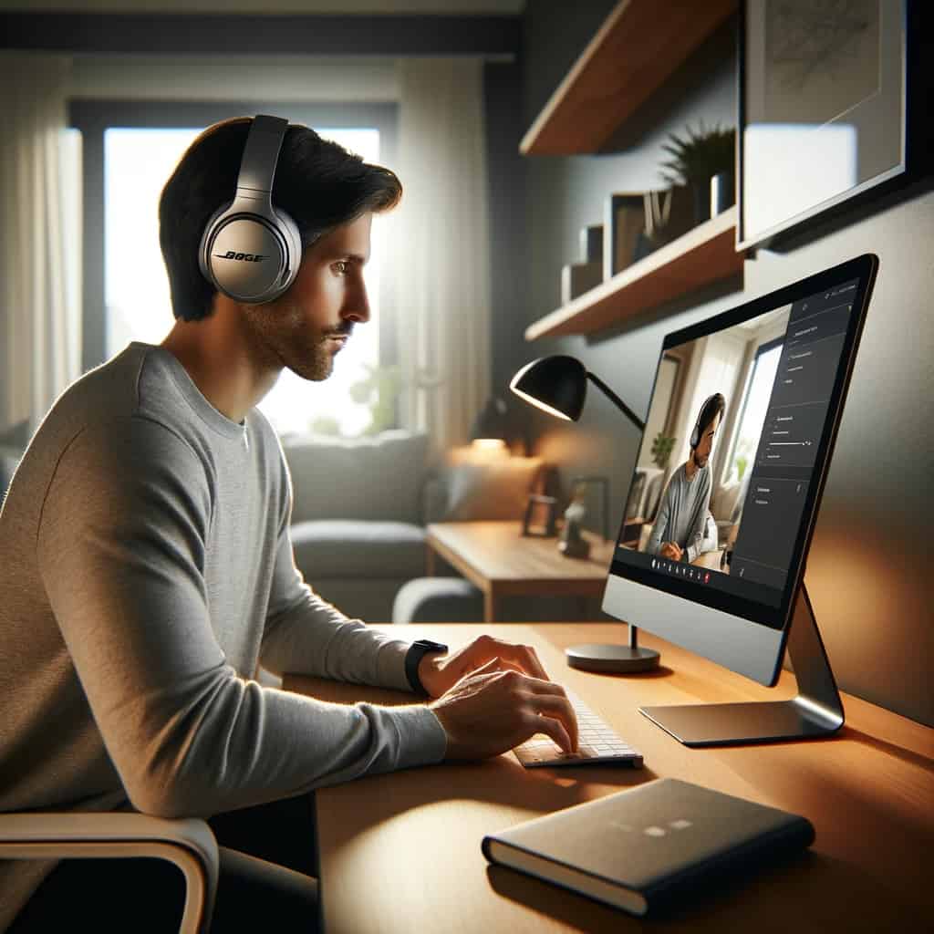 słuchawki do teams - mężczyzna przed komputerem w modelu nausznym