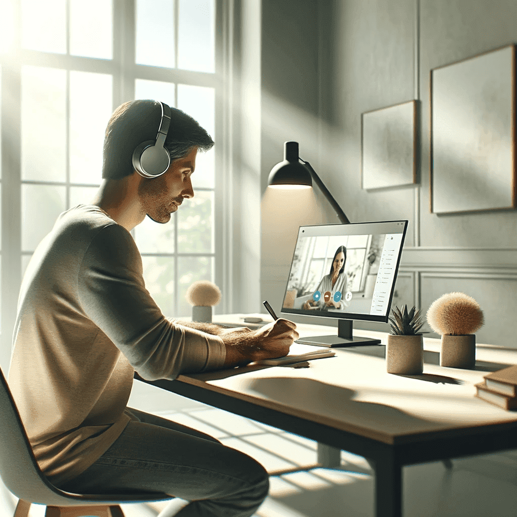 sluchawki do teams - mężczyzna robiący notatki podczas spotkania online